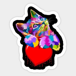 Cute Colorful Cat Hugging Dripping Heart Sticker